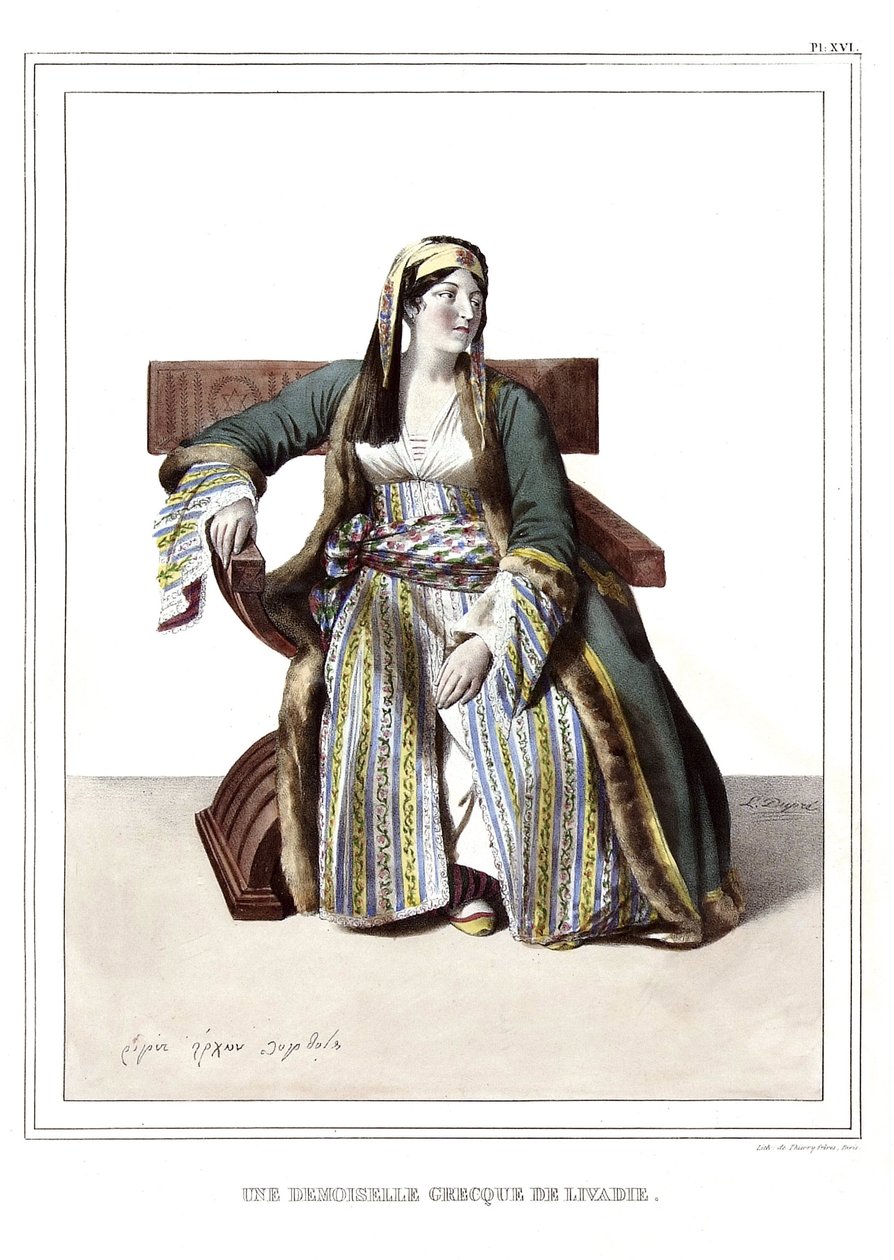 Uma senhora grega de Livadie. em "Journey to Athenes and Constantinople, ou coleção de retratos gregos e otomanos, vistas e fantasias, pintados em lugares da natureza, litografias e colórias por Louis Dupre (1789-1837), aluno de David.1825. de Louis Dupré