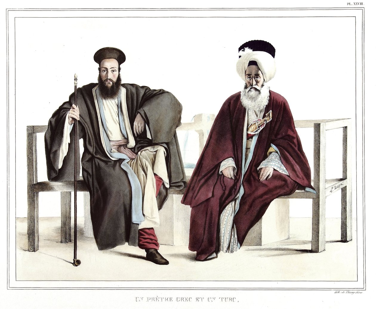 Um padre grego e um turco. em "Journey to Athenes and Constantinople, ou coleção de retratos gregos e otomanos, vistas e fantasias, pintados em lugares depois da natureza, litografias e colórias por Louis Dupre (1789-1837), aluno de David.1825. de Louis Dupré