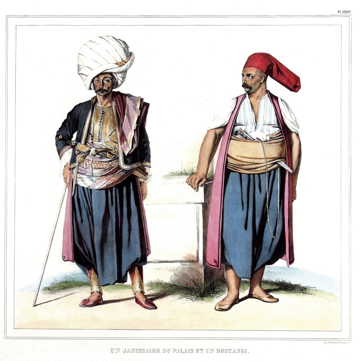 Um Janissário do palácio e um bostangi (jardineiro da sereia). em "Journey to Athenes and Constantinople, ou coleção de retratos gregos e otomanos, vistas e figurinos, pintados em lugares da natureza, litografias e colórias de Louis Dupre (1789-183 de Louis Dupré