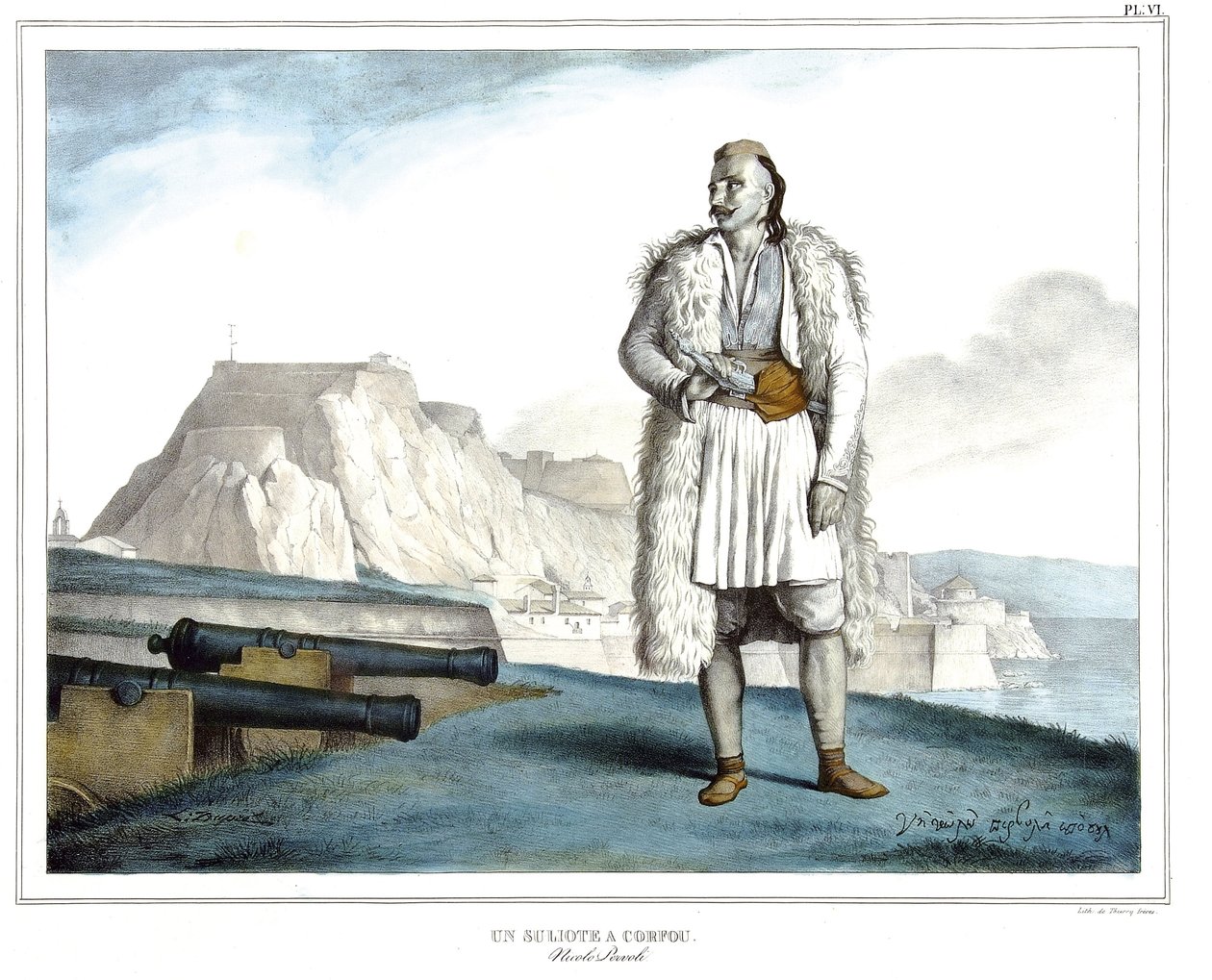 Um Suliote em Corfu, Nicolo Pervoli, em "Journey to Athenes and Constantinople, ou coleção de retratos gregos e otomanos, vistas e figurinos, pintados em lugares depois da natureza, litografias e colórias de Louis Dupre (1789-1837), aluno de David.1825. de Louis Dupré