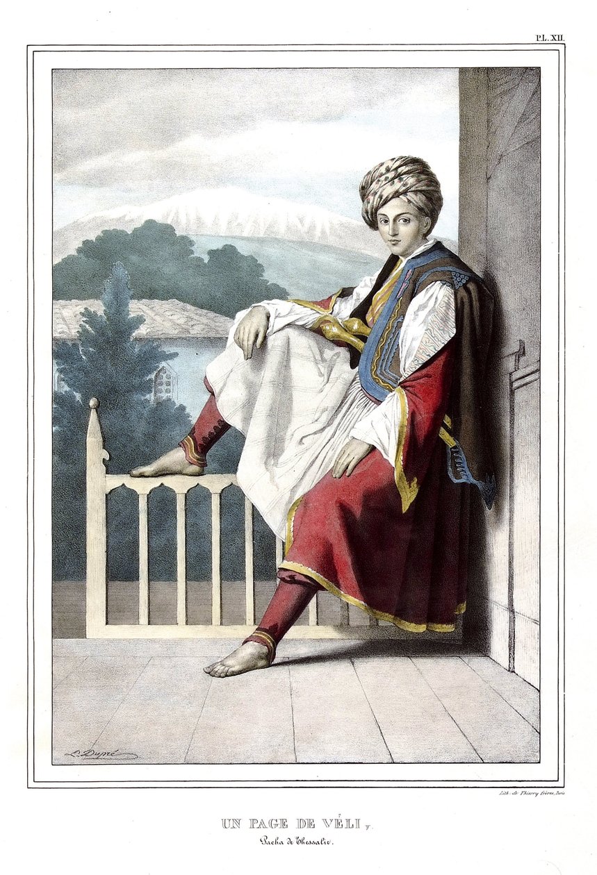 Uma página de Veli, pasha deThessalie. em "Journey to Athenes and Constantinople, ou coleção de retratos gregos e otomanos, vistas e figurinos, pintados em lugares da natureza, litografias e colórias por Louis Dupre (1789-1837), aluno de David.1825. de Louis Dupré