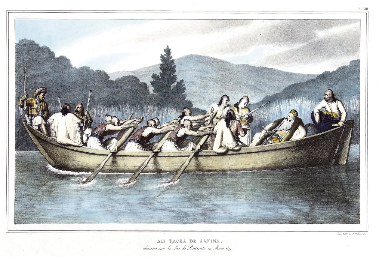 Ali Pasha de Janina (1741-1822), caçando no Lago Butrinto em março de 1819. em "Journey to Athenes and Constantinople, ou coleção de retratos gregos e otomanos, vistas e figurinos, pintados em lugares depois da natureza, litografias e colórias de Louis Dup de Louis Dupré