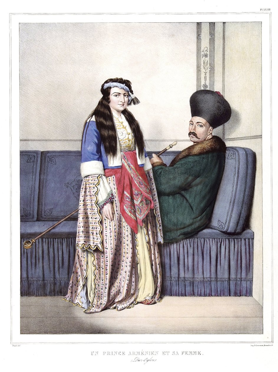 Um príncipe armênio e sua esposa, Duzoglous. em "Journey to Athenes and Constantinople, ou coleção de retratos gregos e otomanos, vistas e fantasias, pintados em lugares depois da natureza, litografias e colórias por Louis Dupre (1789-1837), aluno de David de Louis Dupré