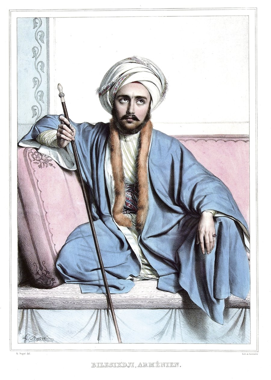 Bilesikdji, armênio. em "Journey to Athenes and Constantinople, ou coleção de retratos gregos e otomanos, vistas e figurinos, pintados em lugares da natureza, litografias e colórias por Louis Dupre (1789-1837), aluno de David.1825. de Louis Dupré