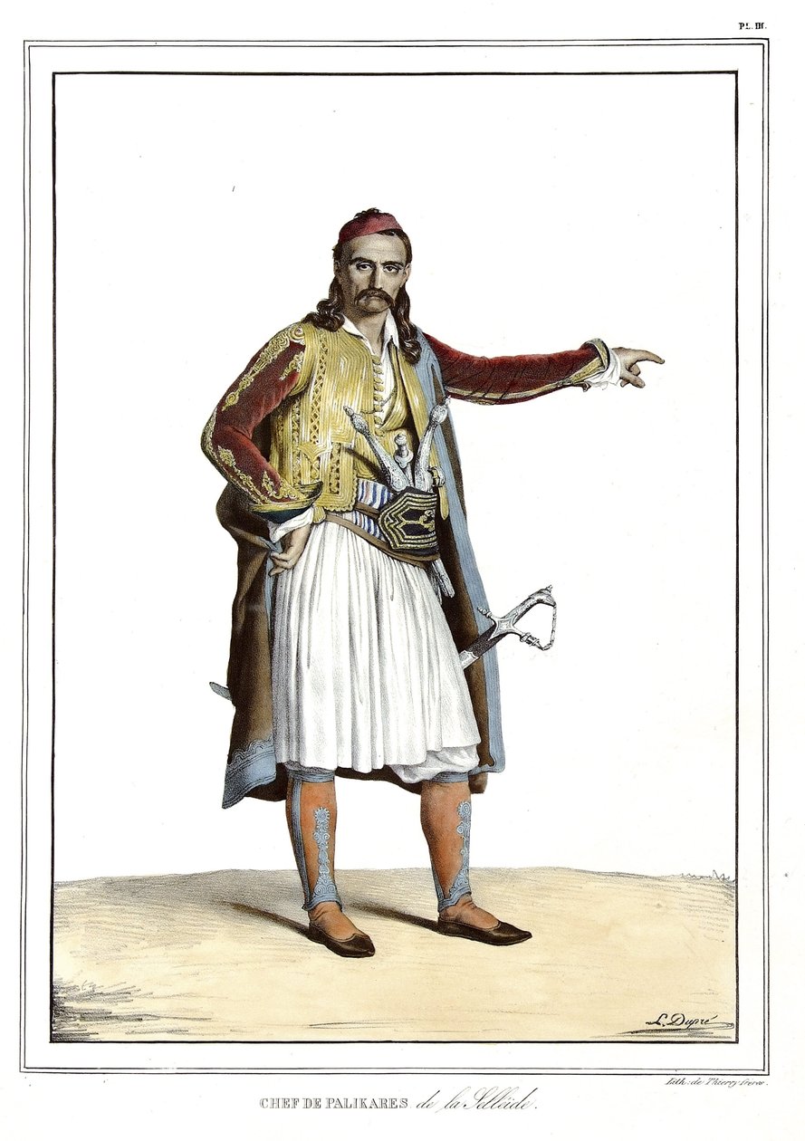 Chef do Palikares de la Scllade, em "Journey to Athenes and Constantinople, ou coleção de retratos gregos e otomanos, vistas e figurinos, pintados em lugares depois da natureza, litografias e colórias de Louis Dupre (1789-1837), aluno de David.1825. de Louis Dupré