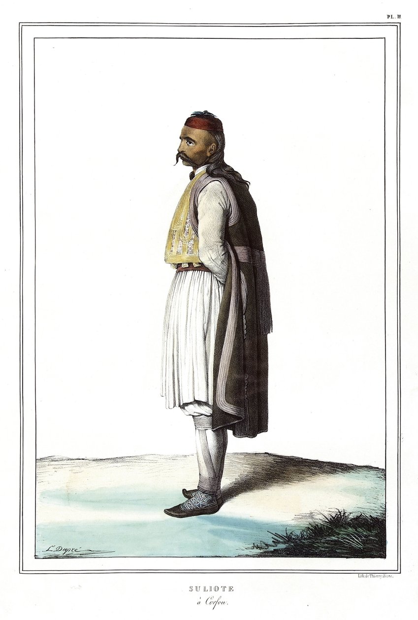 Suliote a Corfu, em "Journey to Athenes and Constantinople, ou coleção de retratos gregos e otomanos, vistas e figurinos, pintados em lugares de depois da natureza, litografias e colórias por Louis Dupre (1789-1837), aluno de David.1825. de Louis Dupré