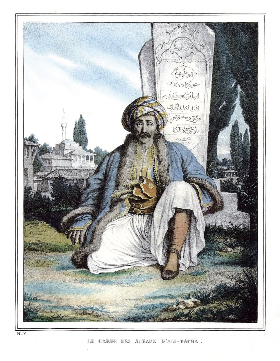 The Guardian of the Seals of Ali Pasha de Janina (1741-1822), em "Voyage a Athenes and a Constantinople, ou coleção de retratos gregos e otomanos, vistas e figurinos, pintados em lugares da natureza, litografias e colórias de Louis Dupre (1789-1837) pu de Louis Dupré