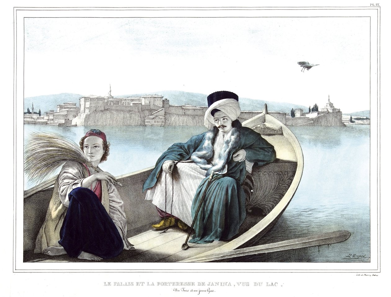 O palácio e a fortaleza de Janina, vista do lago. Um turco e um jovem grego. em "Journey to Athenes and Constantinople, ou coleção de retratos gregos e otomanos, vistas e fantasias, pintados em lugares depois da natureza, litografias e colórias por L de Louis Dupré