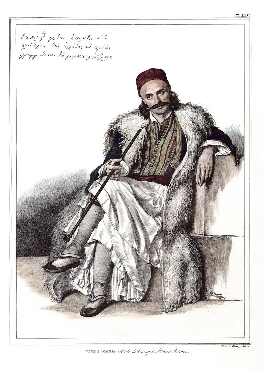 Vasili Gouda, aide de campismo a Marc Botzaris (1788-1823). em "Journey to Athenes and Constantinople, ou coleção de retratos gregos e otomanos, vistas e figurinos, pintados em lugares de depois da natureza, litografias e colórias de Louis Dupre (1789-1837 de Louis Dupré