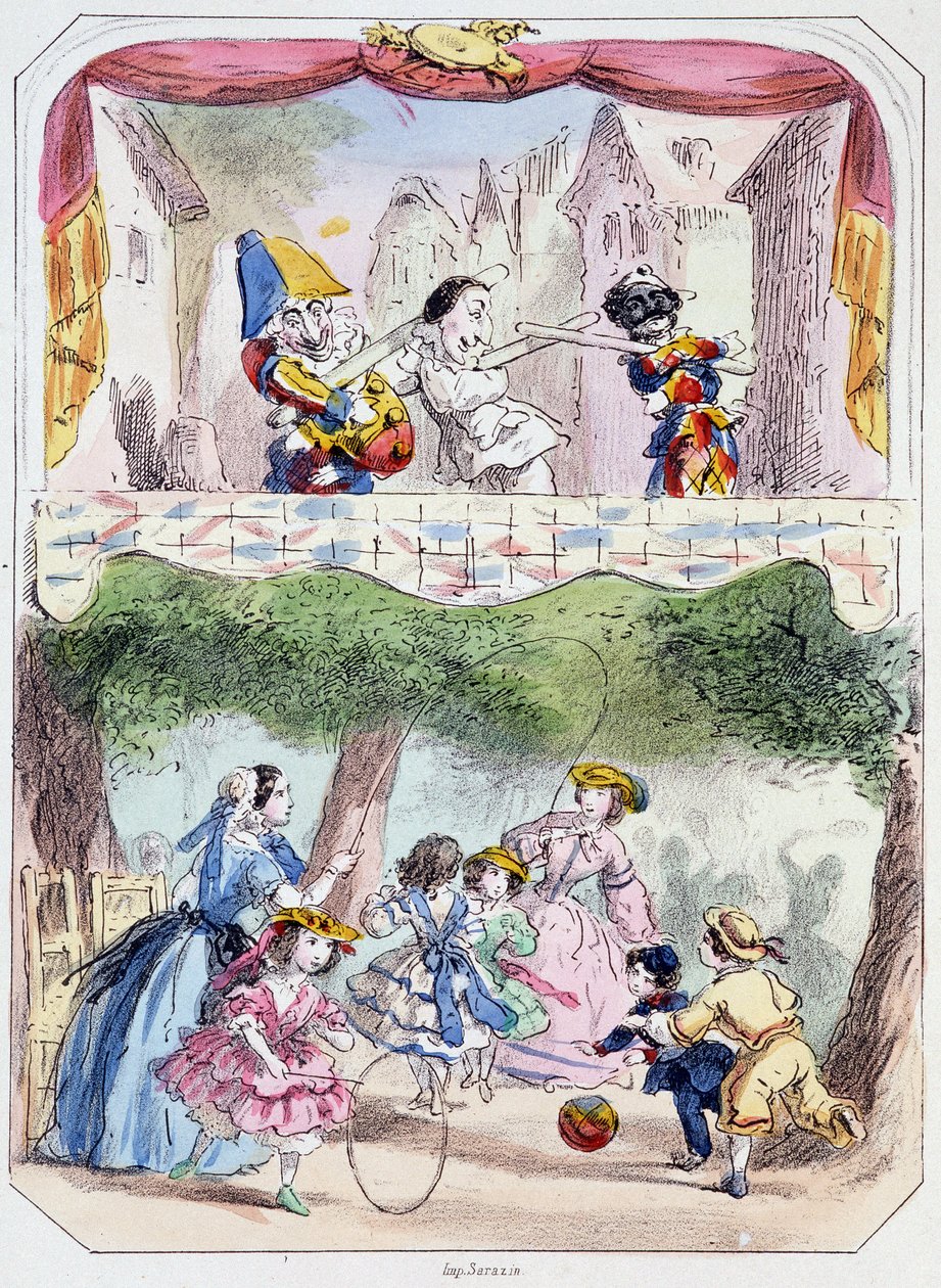 Polichinelle precepteur - Litografia, de Theatre des marionnettes du jardin des Tuileries, texto e desenho de Louis Edmond Duranty (1833-1880), Paris de Louis Edmond Duranty