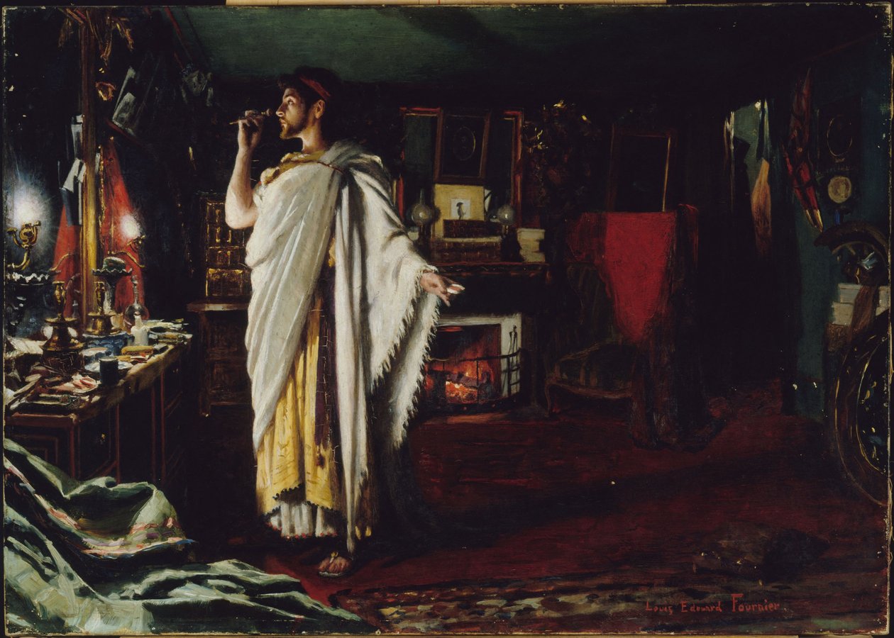 Mounet-Sully a fazer as pazes no seu camarim antes de uma atuação de "Œdipe roi" de Louis Edouard Paul Fournier