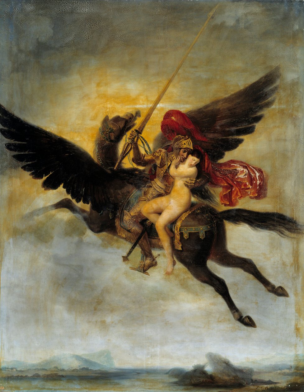 Roger delivant Angelique Angelique entregue a um monstro por piratas é libertado por Roger cavalga num hipocampo. Ilustração para "Le Roland Furieux" (Orlando Furioso) de Ludovic Ariosto (Ariosto). Pintura por Louis Edouard Rioult (1790-1855) 1824 Sun. 2 de Louis Edouard Rioult