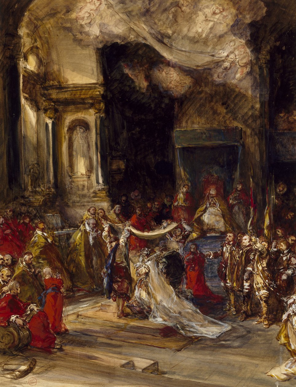 Uma cena de casamento real (wc on wove paper) de Eugene Isabey