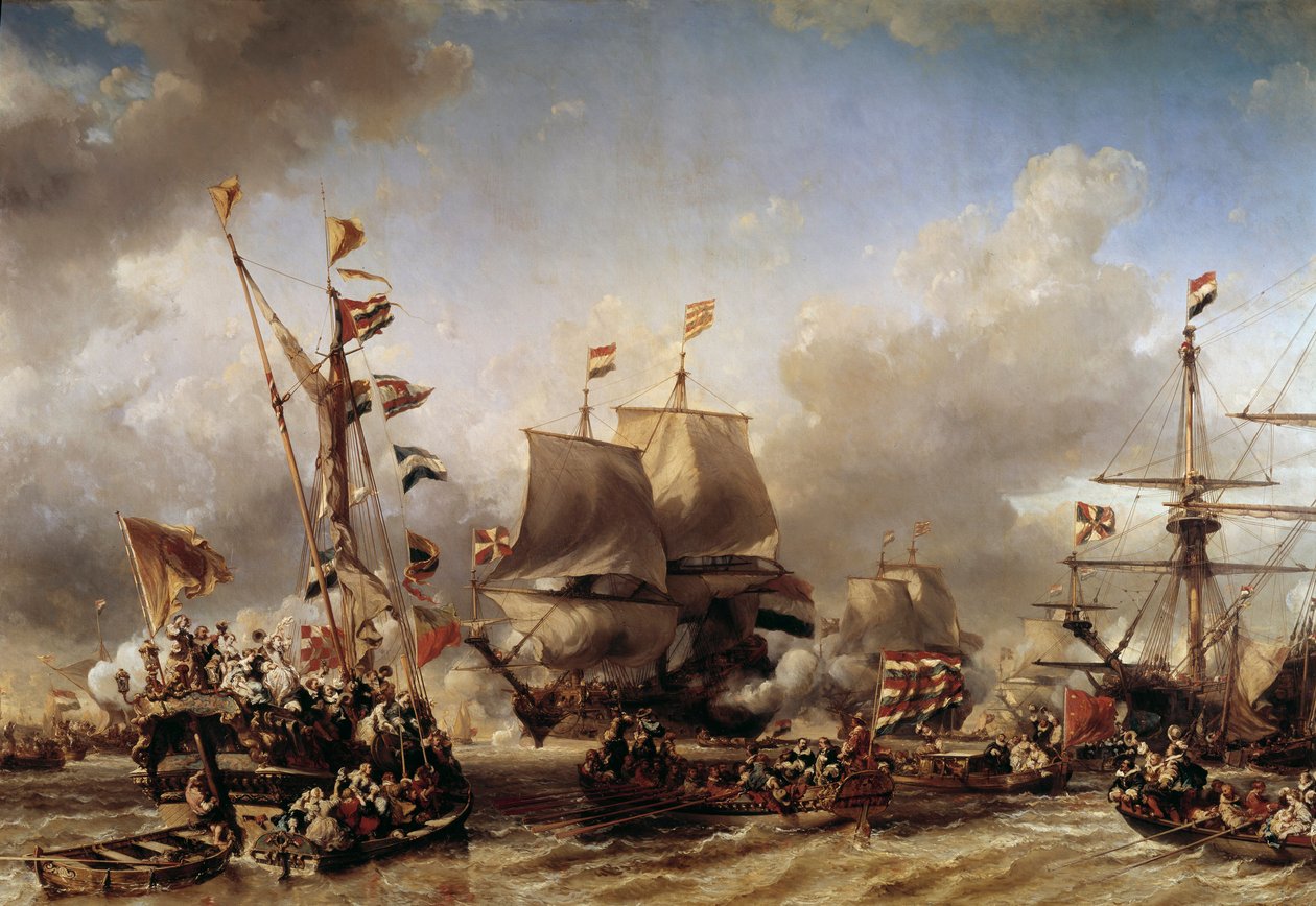 Guerra Anglo-Holandesa: "Embarque do almirante holandês Michel Adrien Ruyter (1607-1676) e William de Witt para a Batalha de Texel" Pintura de Louis Gabriel Eugene Isabey (1803-1886) Toulon do século XIX, museu naval de Louis Eugene Gabriel Isabey