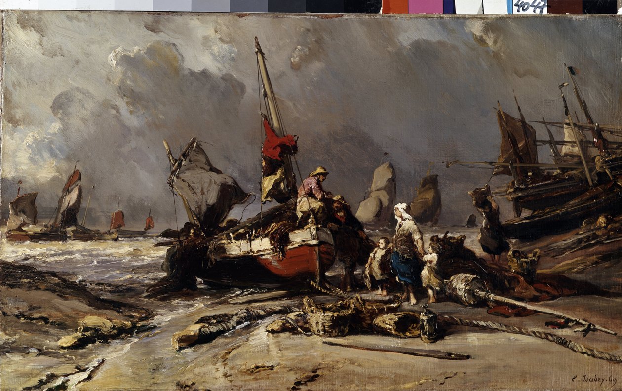 ""Depois da tempestade"" (Depois da tempestade) Um pescador encontra sua família após a tempestade. Pintura de Louis Gabriel Eugene Isabey (1803-1886) 1869 Dim. 36,5x60 cm Museu Hermitage, São Petersburgo de Louis Eugene Gabriel Isabey