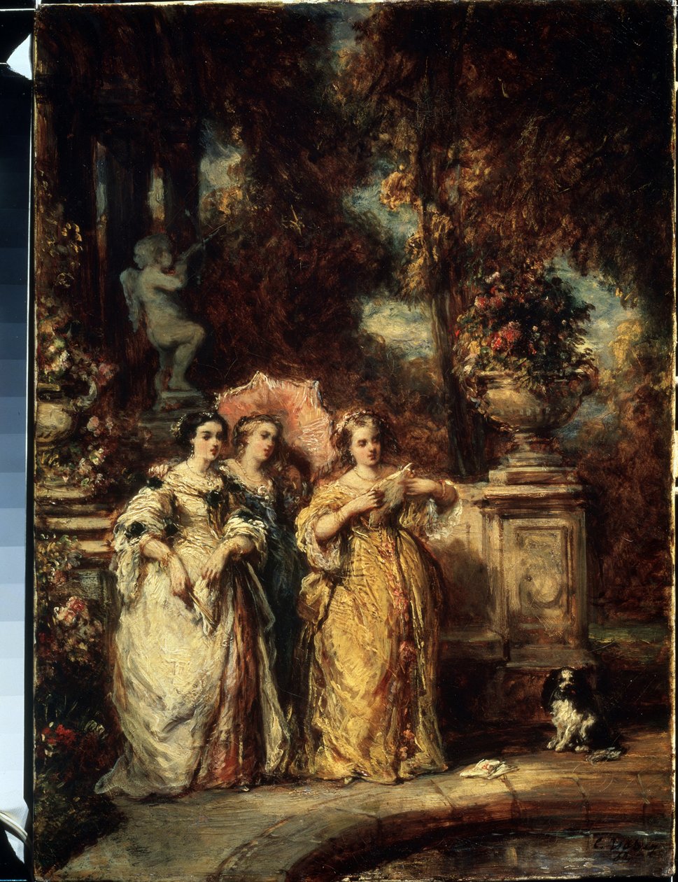 "The Stroll" Três jovens raparigas de uma boa família num parque. Pintura de Louis Gabriel Eugene Isabey (1803-1886) 1852 Museu Pushkin, Moscovo de Louis Eugene Gabriel Isabey