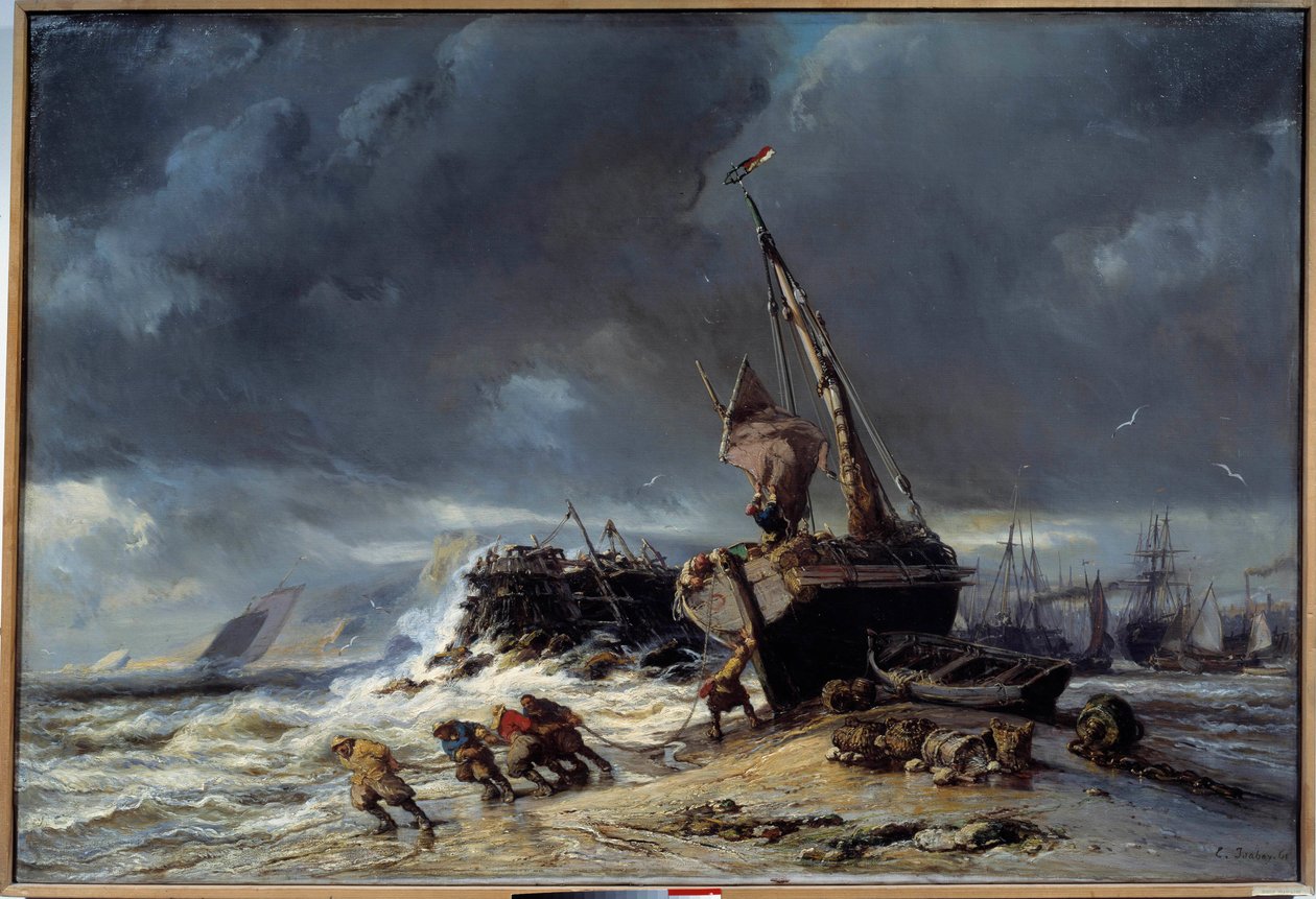 Maree basse, partida para pesca Pintura de Louis Eugene Isabey (1803-1886) Le Havre, Musee des Beaux Arts do século XIX de Louis Eugene Gabriel Isabey