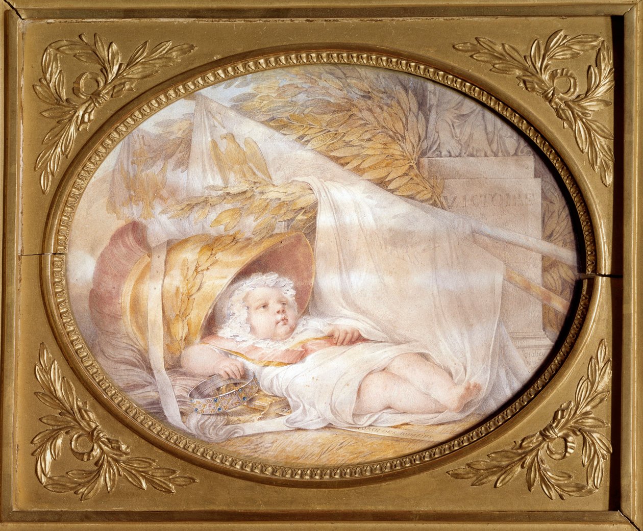 Retrato do Rei de Roma bebe (1811-1832) no capacete de Marte Napoleão II, Duque de Reichstadt, filho do Imperador Napoleão I (1769-1821) recém-nascido. Pedra preta e papel de lava bege de Eugene Isabey (1803-1886) Março 1811 Sol. 0,21x0,26 m Malmaison, mus de Louis Eugene Gabriel Isabey