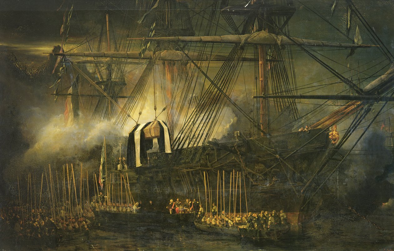 O carregamento das cinzas de Napoleão a bordo do &39;Belle-Poule&39; em Santa Helena, 15 de outubro de 1840, 1842 de Eugene Isabey