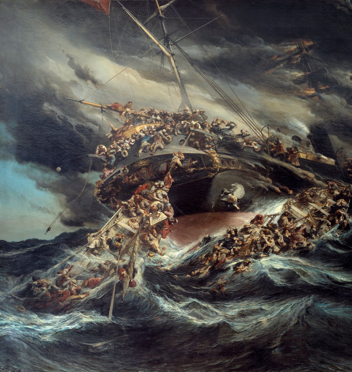O incêndio do navio naufragado Austria Scene de um navio que os passageiros tentam escapar nos barcos no mar demoníaco. Detalhe. Pintura por Eugene Isabey (1803-1886) de Louis Eugene Gabriel Isabey