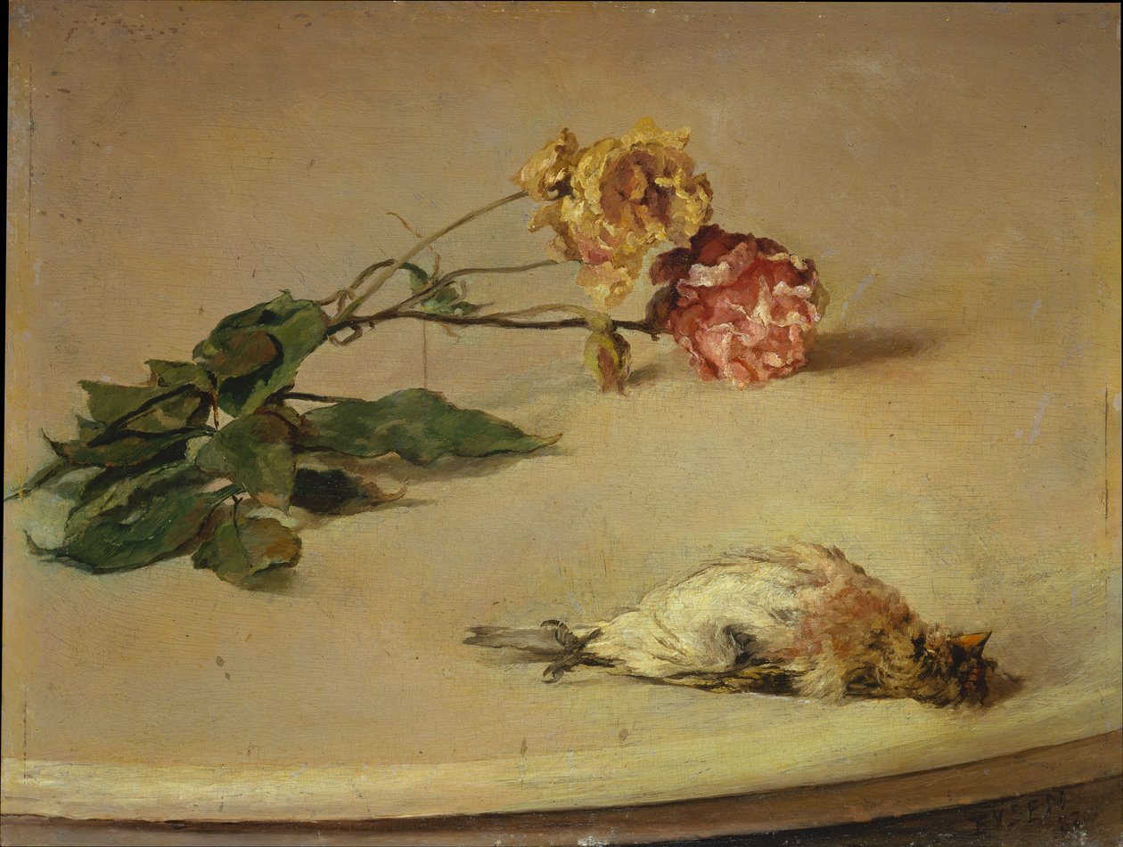 Pássaro morto e duas rosas sobre um tampo de mesa de Louis Eysen