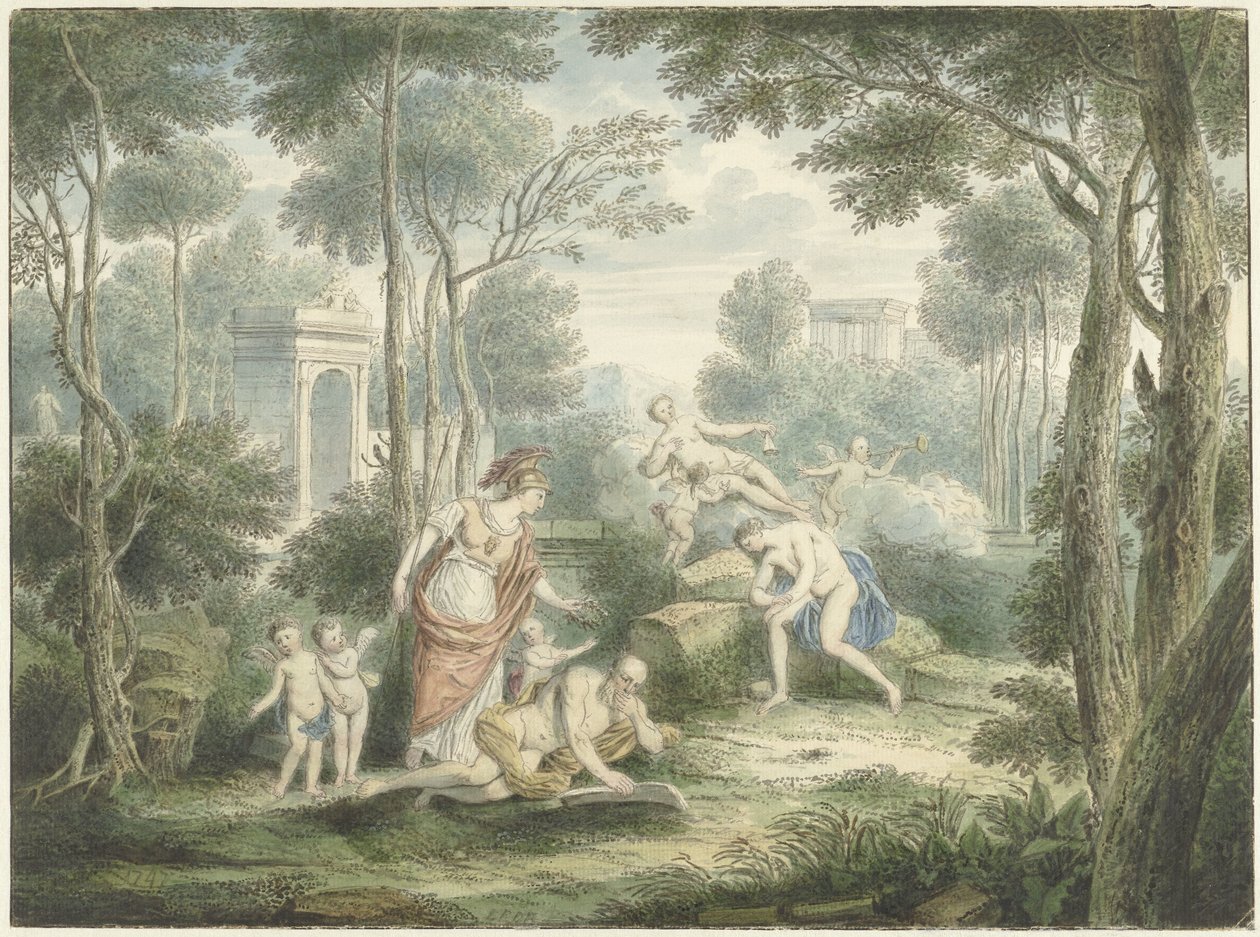 Paisagem Arcadian com Athena coroando um velho e Vênus e Adonis de Louis Fabritius Dubourg