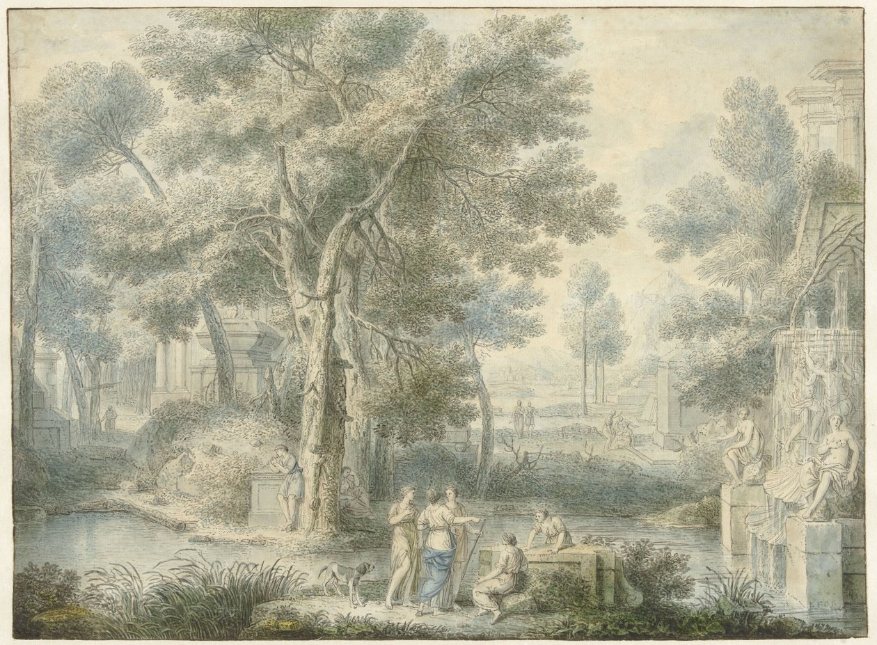 Paisagem arcádica, com fonte à direita de Louis Fabritius Dubourg