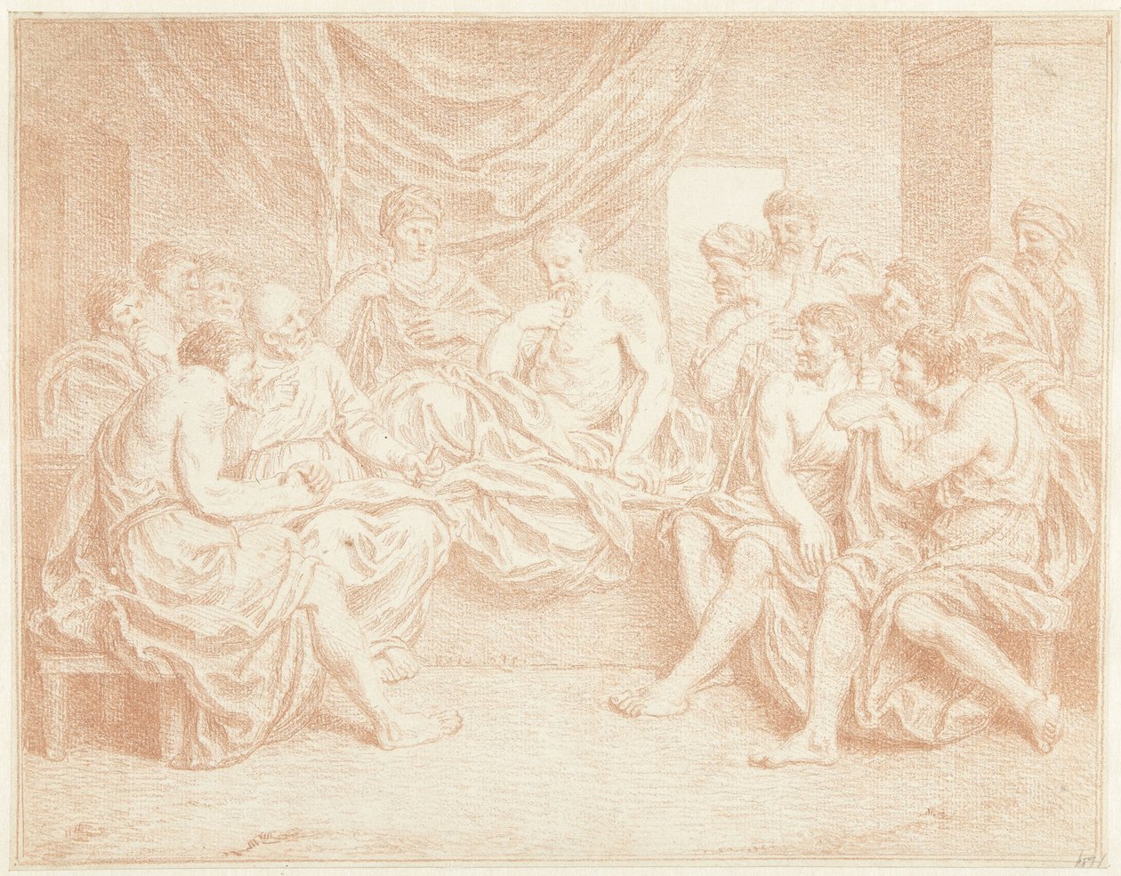 Velho na cama cercado por pessoas de Louis Fabritius Dubourg