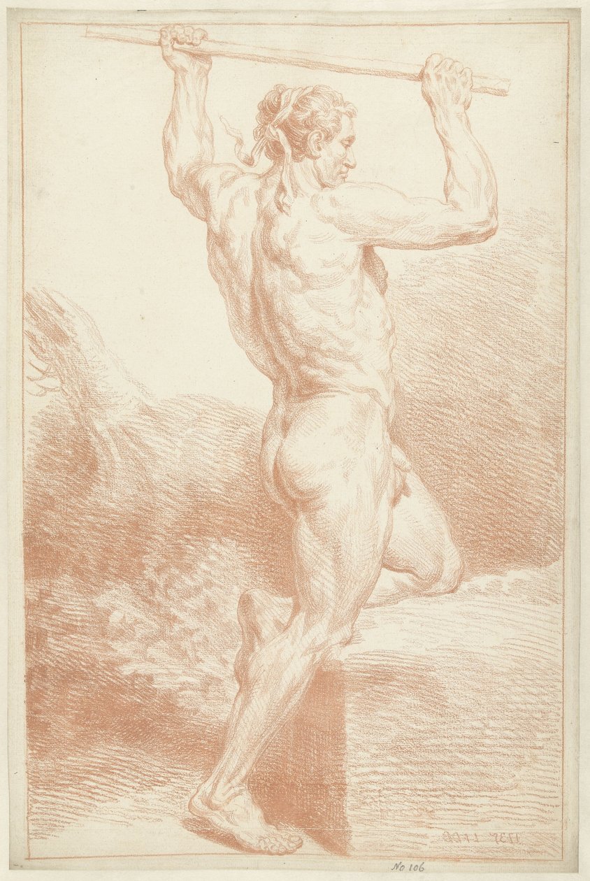 Estudo de um homem nu, de joelhos, segurando uma bengala acima da cabeça de Louis Fabritius Dubourg