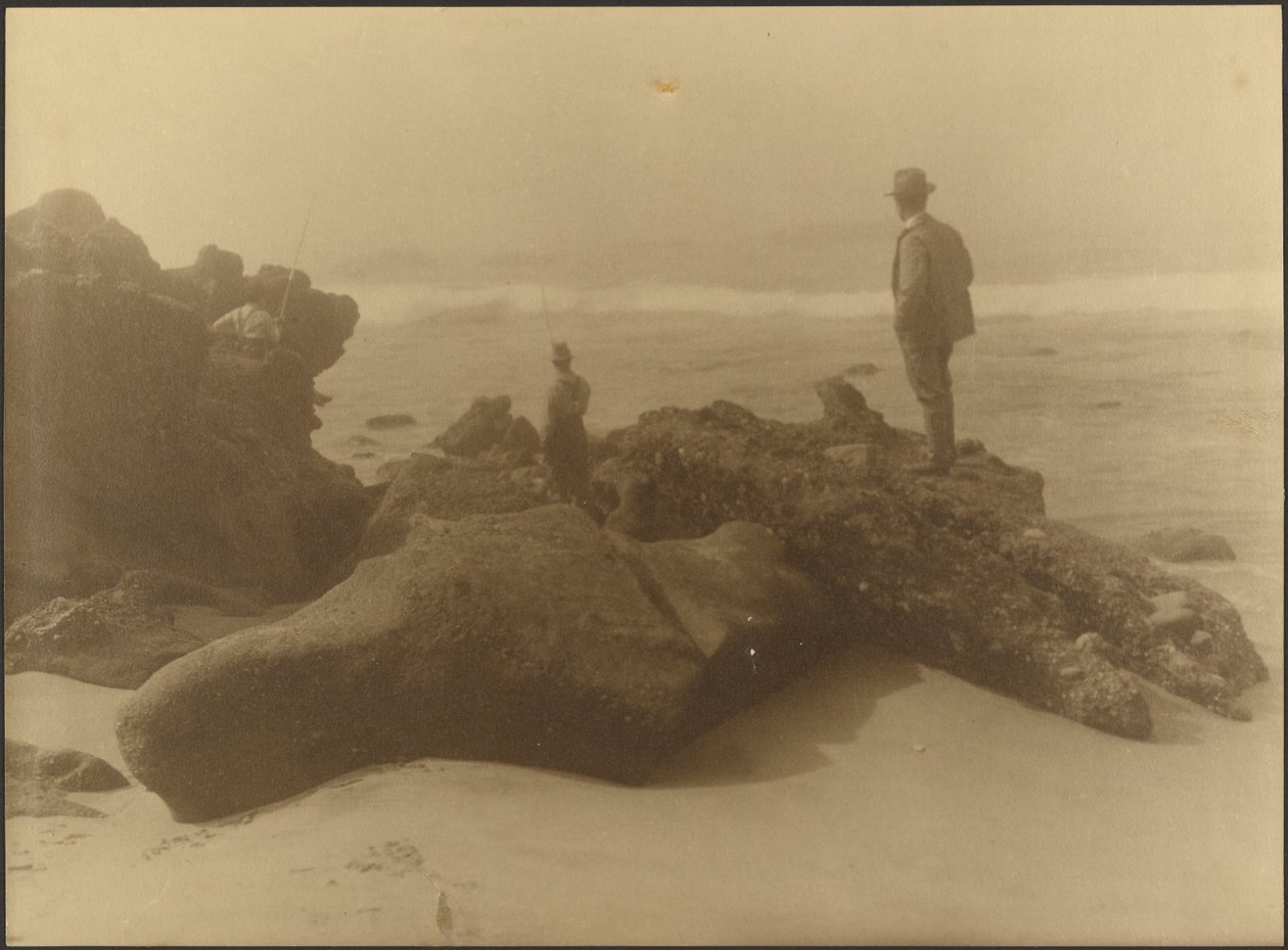 [Três homens a pescar nas rochas da praia] de Louis Fleckenstein