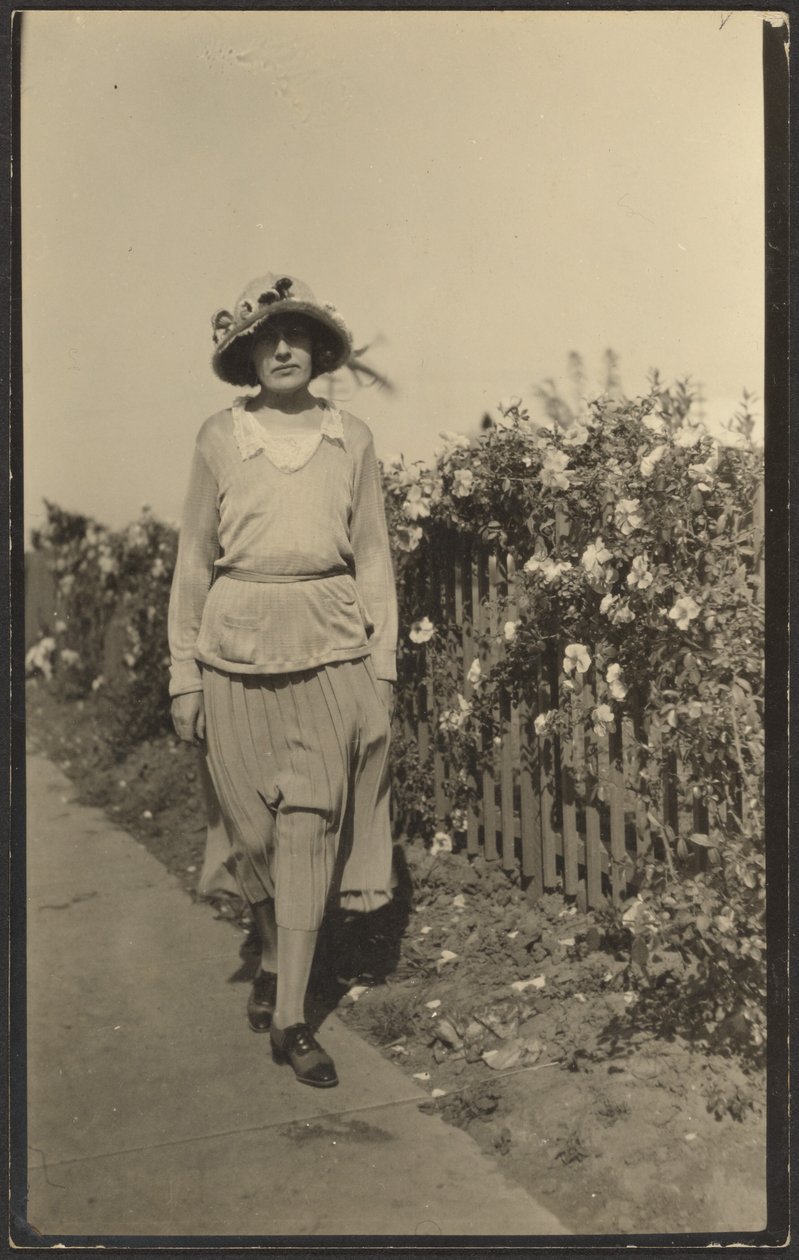 [Mulher a caminhar ao longo da vedação com flores]. de Louis Fleckenstein