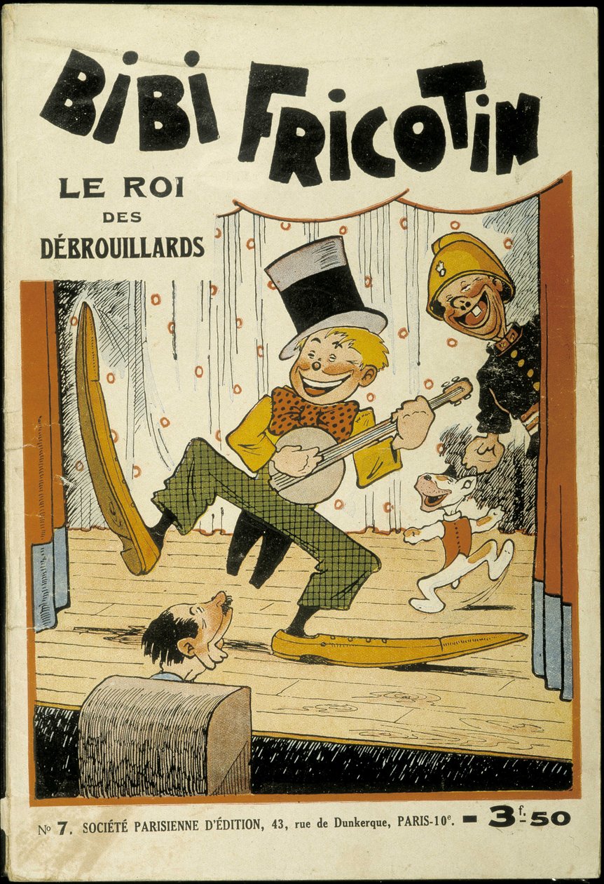 Bibi Fricotin, o rei dos bandidos (tocando banjo no palco) - capa do N° 7. Por Louis Forton (1879-1934) de Louis Forton