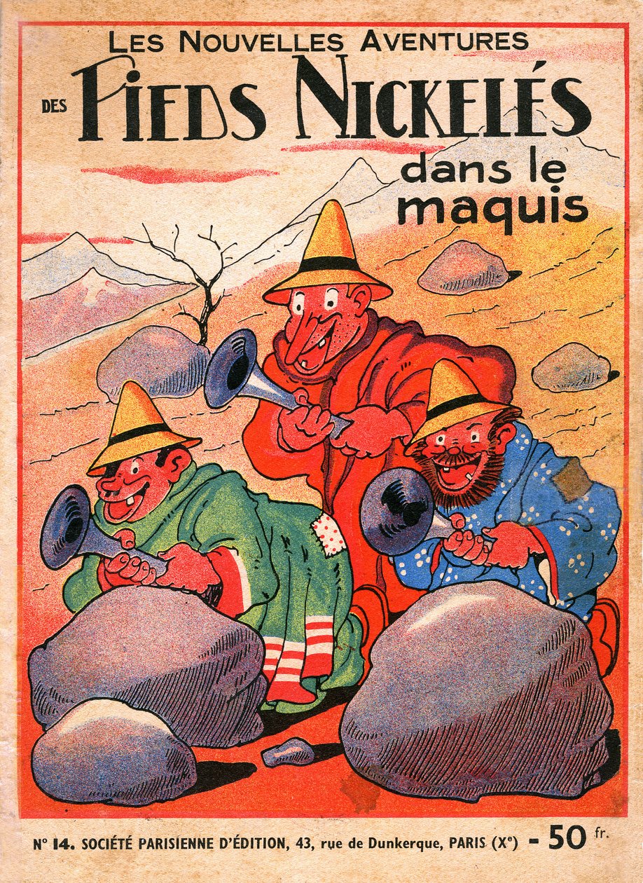 capa de uma banda desenhada de Louis Forton (1879-1934): Les Pieds Nickeles dans le maquis (edição de 1949 do volume 14 das aventuras do trio). Croquignol , Ribouldingue e Filochard na Córsega.
Gusman/Leemage de Louis Forton