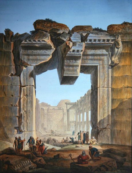Porta principal de um templo situado a sul do Templo do Sol em Baalbec, c.1800 (gravura a cores) de Louis Francois (after) Cassas