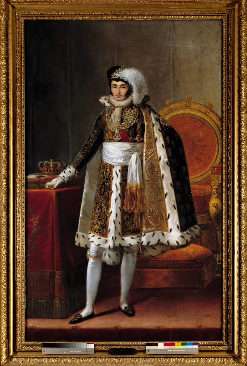 Retrato no pé de Jerome Bonaparte (1784-1860) rei de Vestefália. Em traje como comandante da Ordem da Coroa Real de Wesphalia, por volta de 1810. Pintura atribuída a Louis François Aubry (1767-1851) ou François Joseph Kinson (Kinsoen) (1770-1839). de Louis Francois (attr. to) Aubry