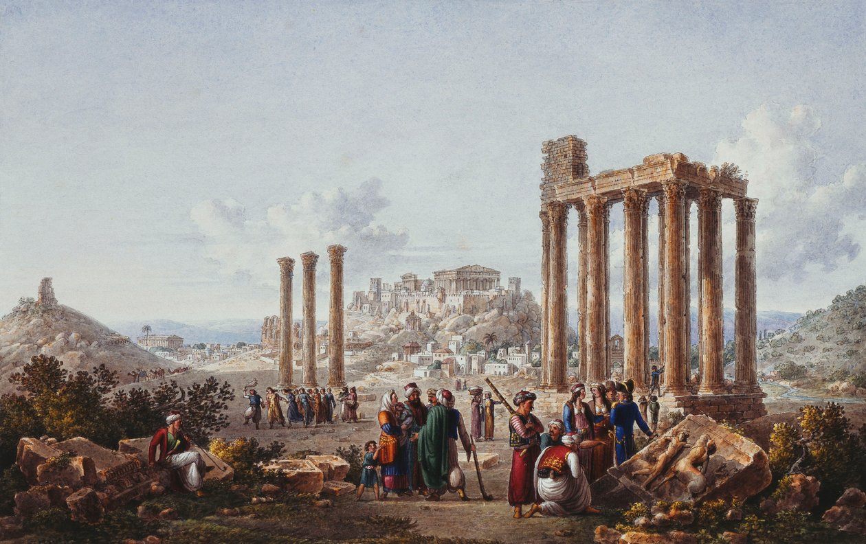Uma vista da Acrópole, Atenas, do Templo de Zeus em Olímpia, c.1786-87 de Louis Francois Cassas
