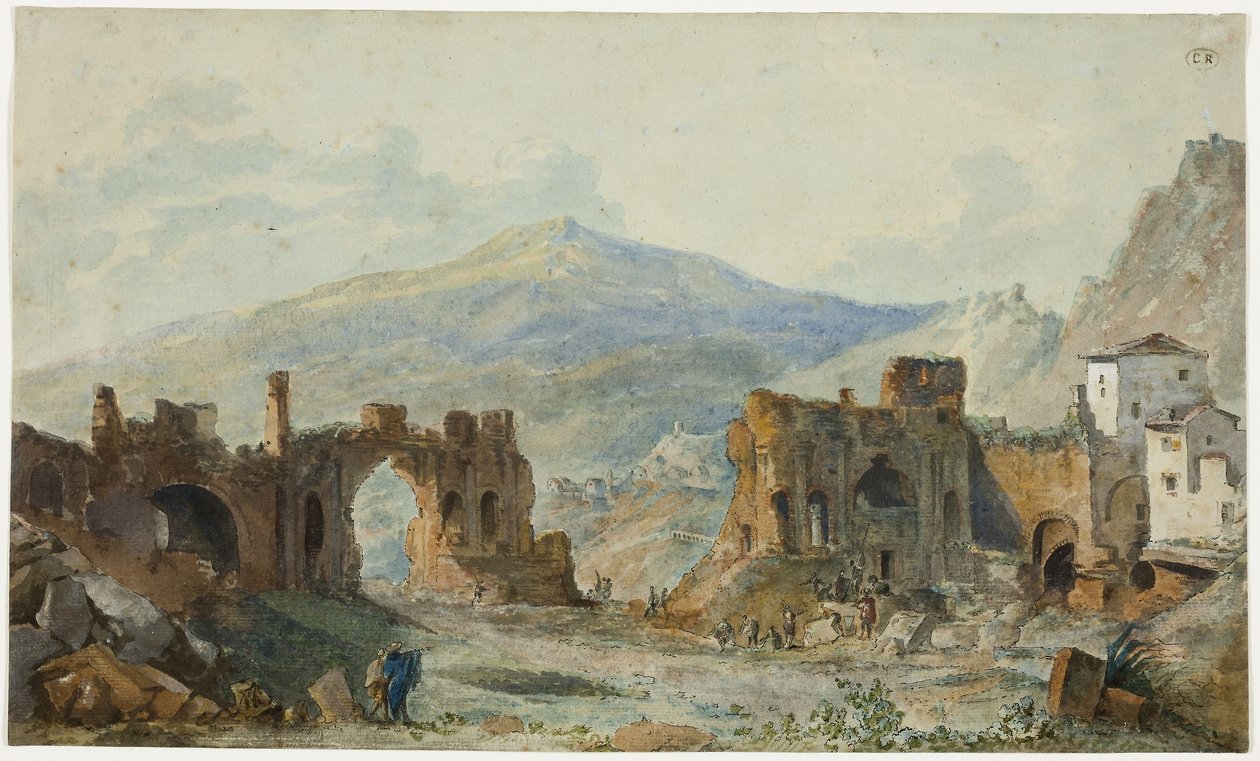 O antigo teatro de Taormina com vista para o Etna, estudo para a Viagem Pitoresca de Nápoles e da Sicília de Saint Non de Louis Francois Cassas