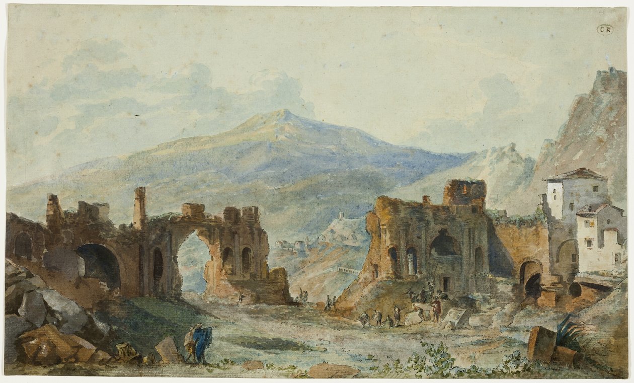 O antigo teatro de Taormina com vista para o Etna, estudo para a Viagem Pitoresca de Nápoles e da Sicília de Saint Non de Louis Francois Cassas