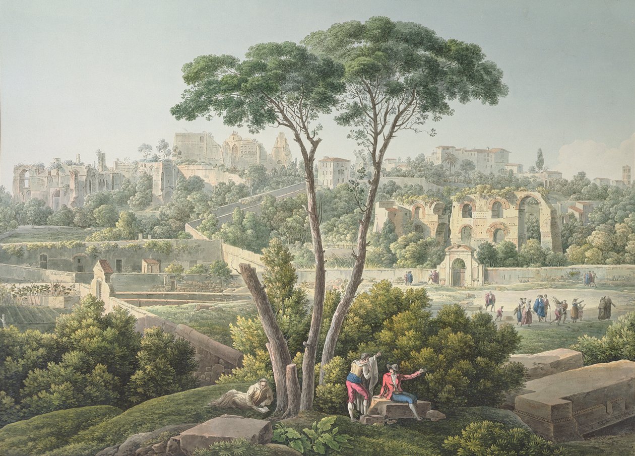 Vista do Monte Palatino, em Roma, com as ruínas do Palácio dos Cesares ao fundo, c.1800 de Louis Francois Cassas