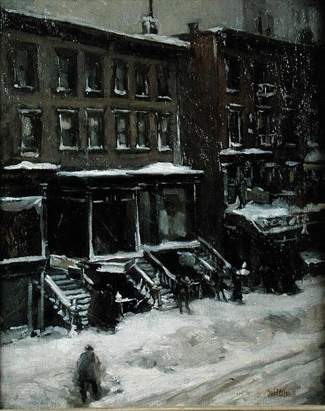 A New York Street Scene (óleo sobre tela colocado sobre masonite) de Louis Frederick Berneker