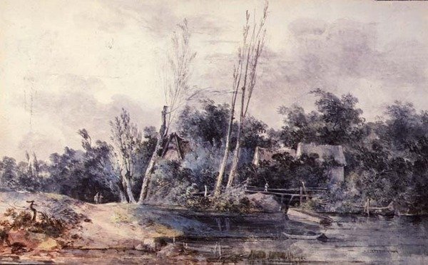 Casas de campo e salgueiros por um riacho com figuras de Louis Gabriel Moreau