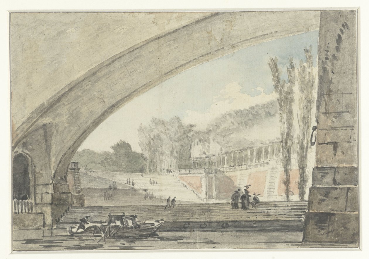 Vista sob uma ponte para terraços e uma escada de Louis Gabriel Moreau