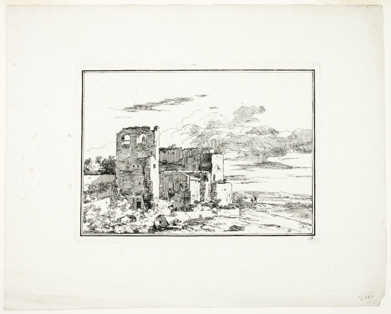Edifícios em ruínas perto de uma margem de rio, placa 9 de Quatrieme suite de paysages dessinés et grave a l