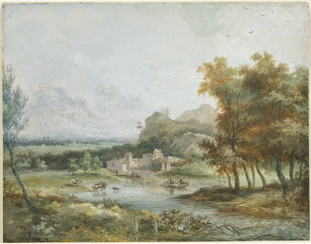 Paisagem italiana com festa de barco de Louis Gabriel Moreau the Elder