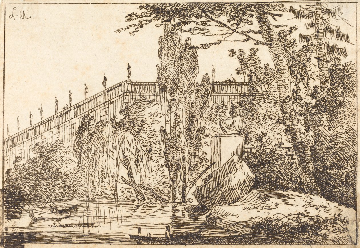 Parque com terraço e balaustrada com estátuas de Louis Gabriel Moreau the Elder