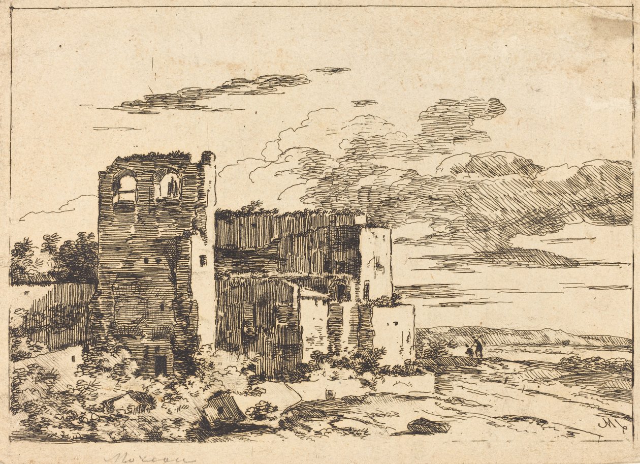 Edifícios em ruínas perto de um banco de rio de Louis Gabriel Moreau the Elder