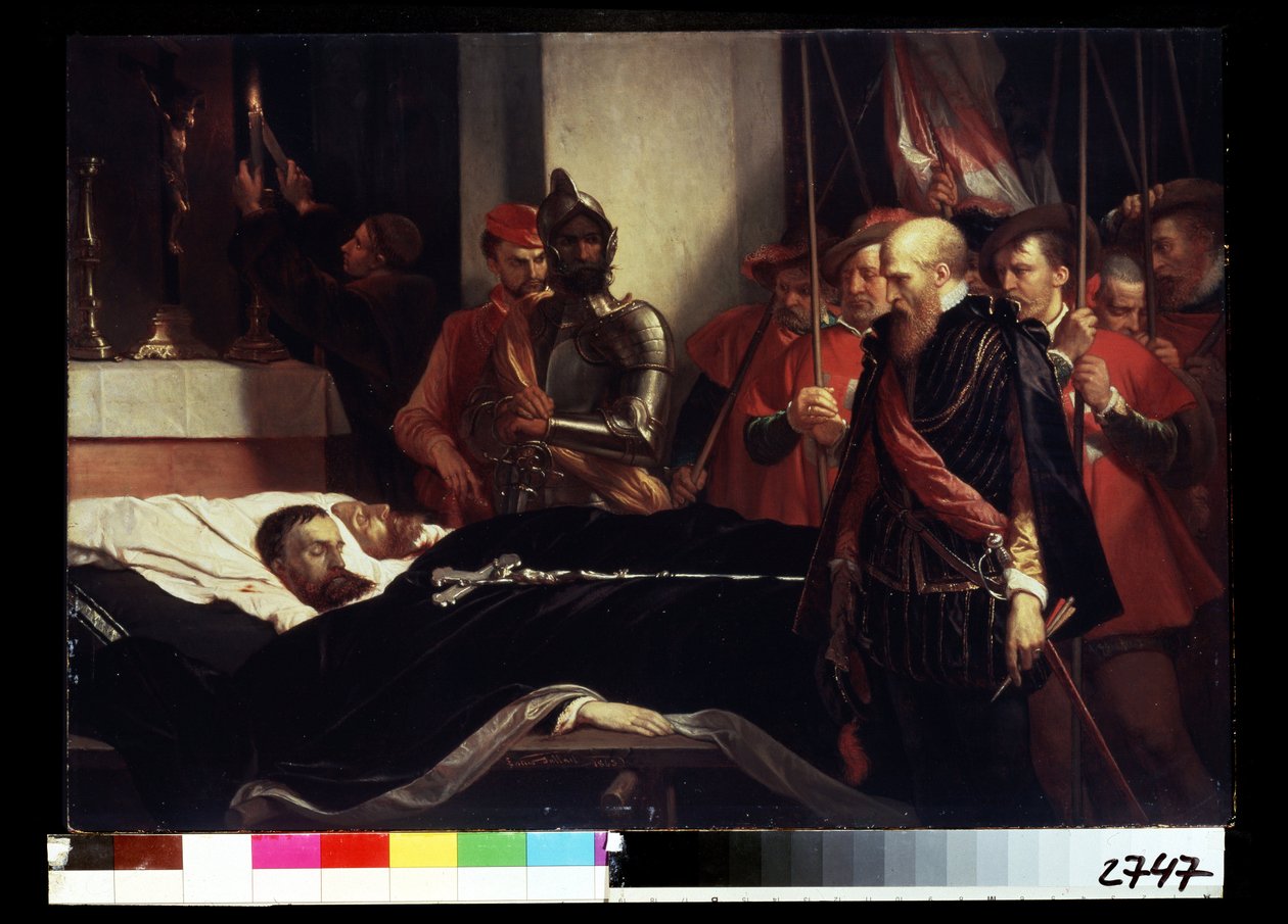 ""Últimas homenagens prestadas ao Conde de Chifre Philippe de Montmorency (1524-1568) e a Lamoral, Conde de Egmont (1522-1568) em seu leito de morte, executados por traição depois de se aliar à revolta dos Gueux (início do Guerra dos Oitenta Anos (Quatro de Louis Gallait