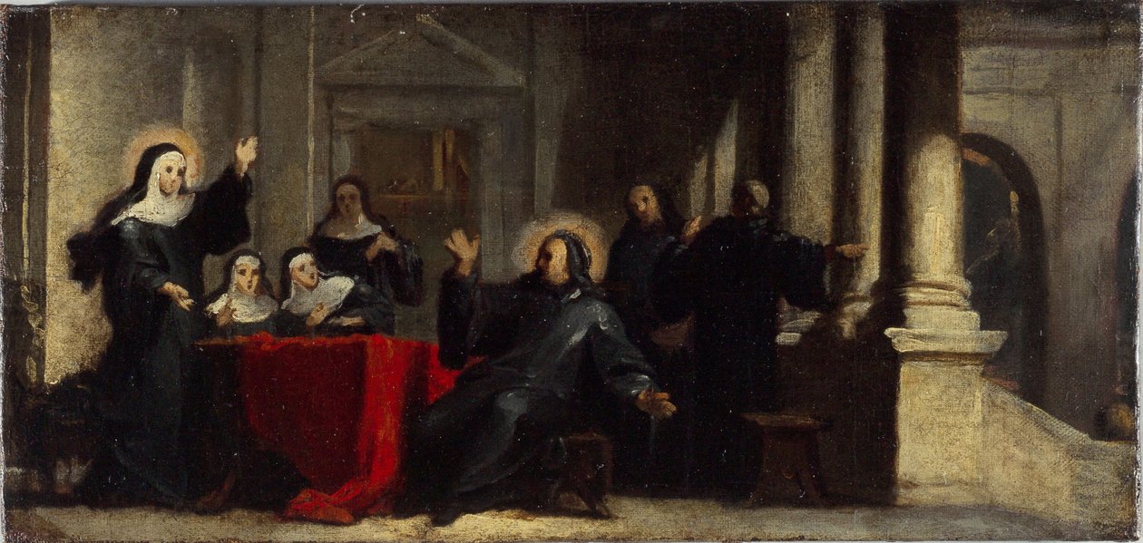 Santa Escolástica obtém chuva e trovões do céu para impedir que São Bento a abandone. Esboço para a pintura no refeitório da Abadia de Saint-Martin-des-Champs, cerca de 1706 (óleo sobre tela) de Louis Galloche
