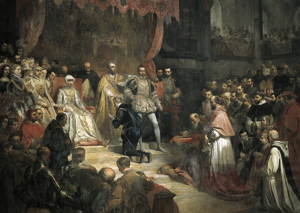 A abdicação de Carlos V (1500-1558) em favor de seu filho Filipe II (1527-1598) de Louis Galna