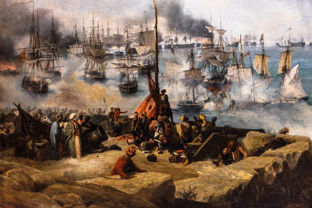A batalha de Navarin; vista da ponta sul da ilha de Sphacteria de Louis Garneray